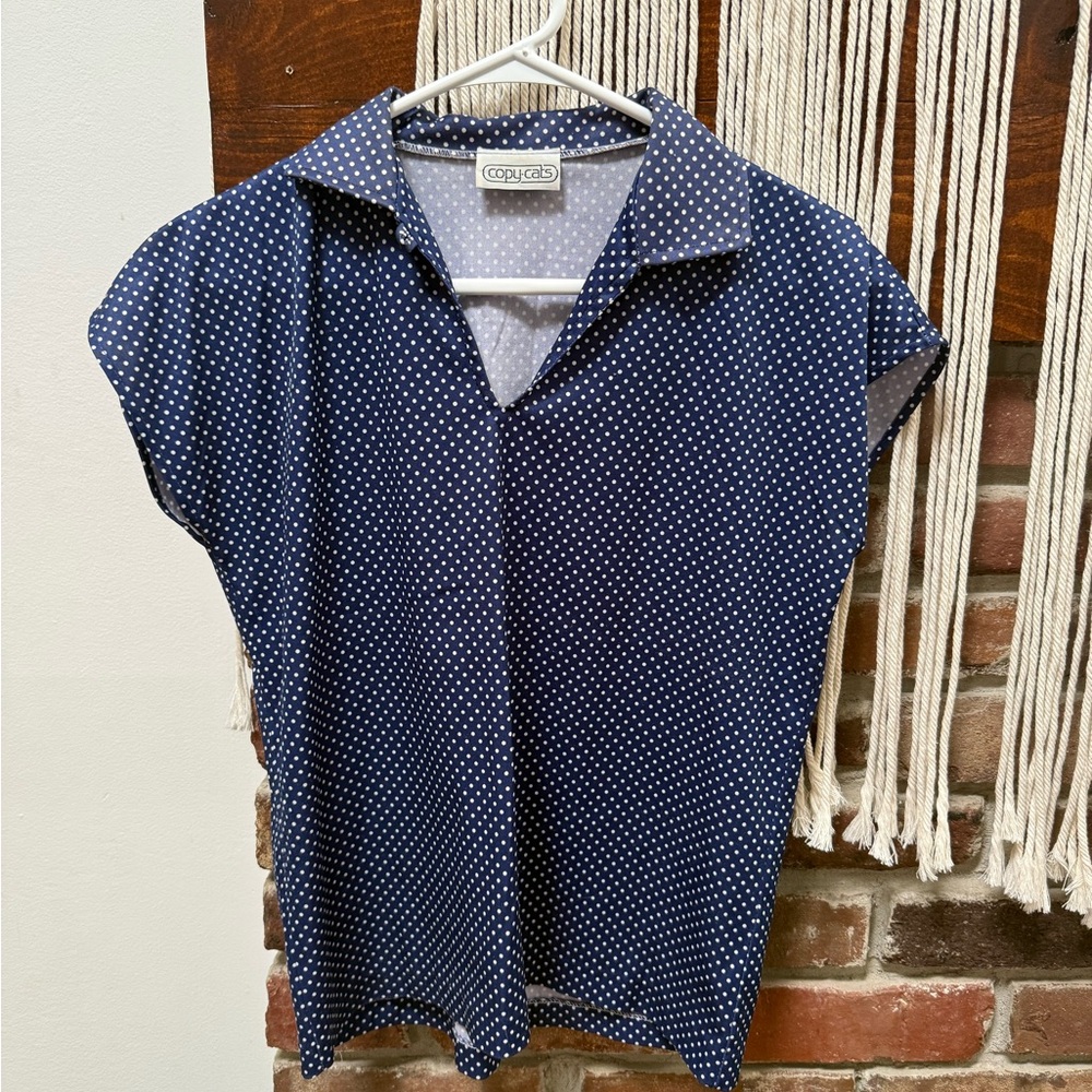 Vintage Navy Polka Dot Collared Cap Sleeve Blouse